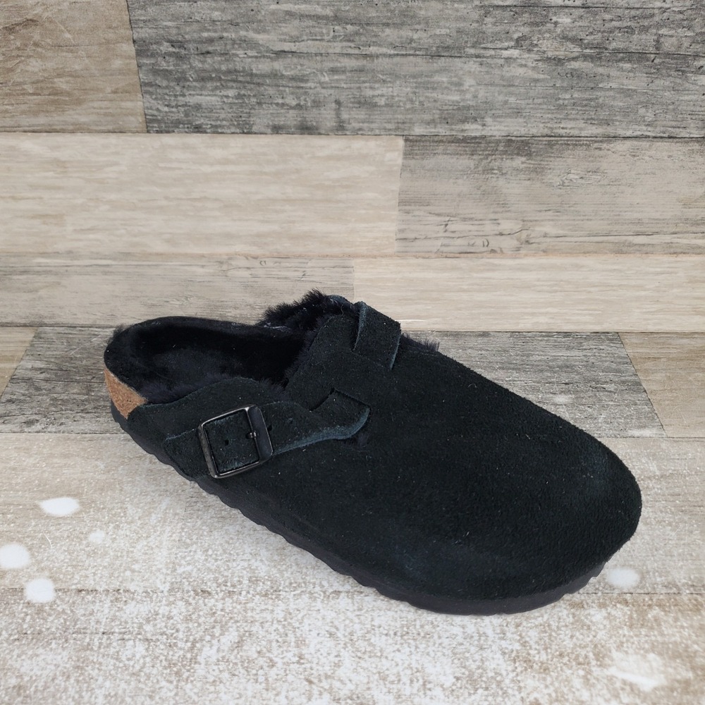 Birkenstock Boston Shearling Womens Clogs Sz 5 Black Buckle Suede Leather